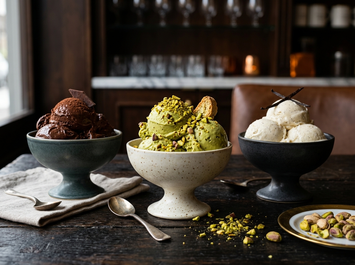 Χειροποίητο ιταλικό παγωτό gelato σε γεύσεις φιστίκι, σοκολάτα και βανίλια